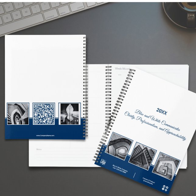Werbeaktion für Blue & White Collage Business Plan Planer (Promotional Blue & White Collage Business Planner, Tagline, QR code, 5 Images)