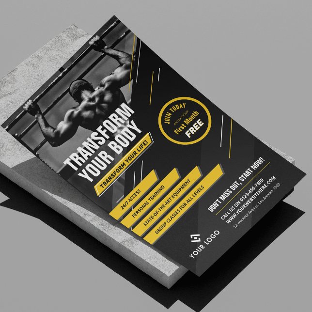 Werbeaktion für das Gymnastik-Foto Black & Yellow- Flyer (Modern black and yellow fitness marketing flyer with photo and your custom text and logo)