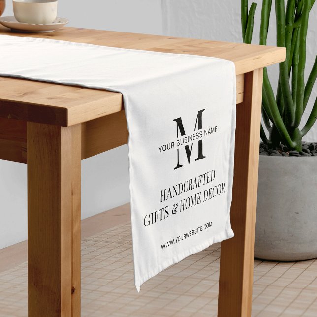 Werbeaktion für Minimalistische Business Monogram Kurzer Tischläufer (Minimalist white branded table runner for business with your monogram or logo and custom text)