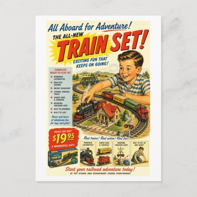 Werbeanzeige für ein Zugset im Vintage-Stil Postkarte (Vorderseite)