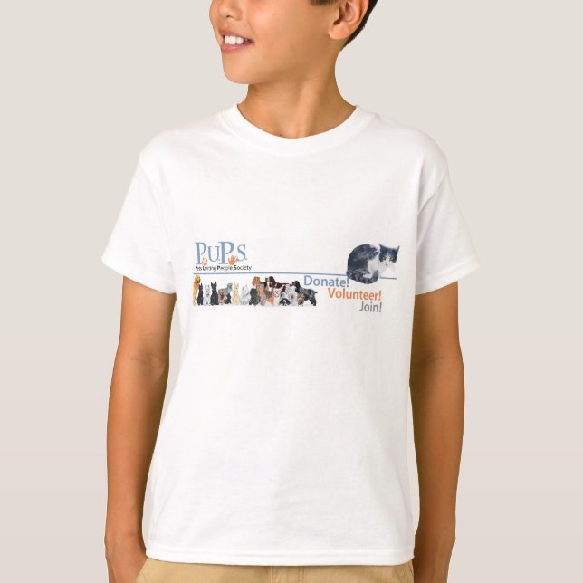 Werbeartikel für PUPs-Logo mit Tuxedo Cat T-Shirt (Vorderseite)