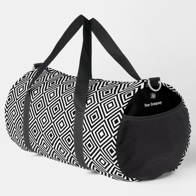 Werbefirma Logo Name Schwarz-Weiß-Fliesenmuster Duffle Bag (Rechte Ecke)