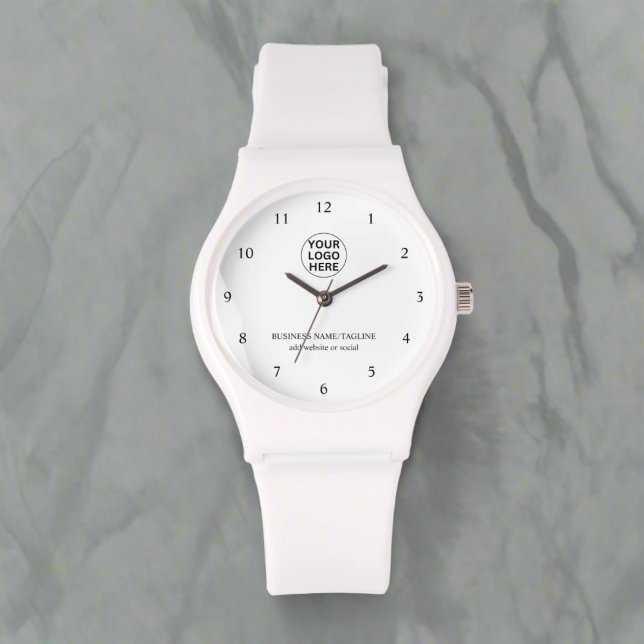 Werbemarken - Firmenlogo und Text weiß Armbanduhr (Von Creator hochgeladen)