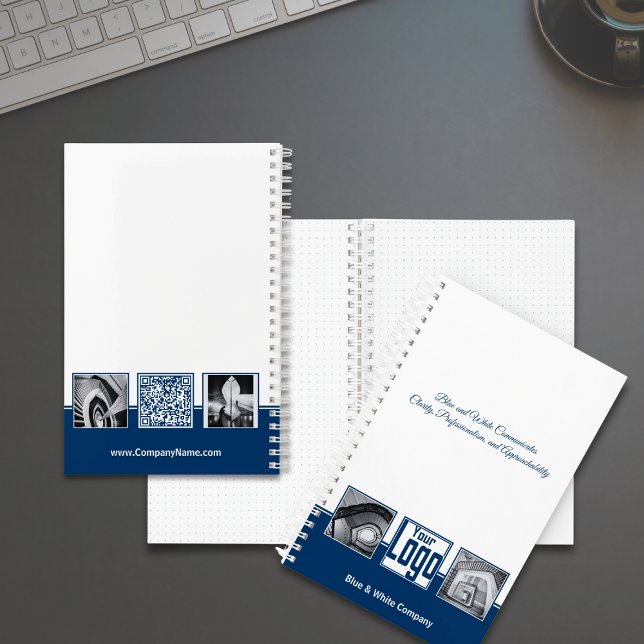 Werbung für benutzerdefinierte Bilder Blue White C Notizbuch (Promotional Custom Images Blue White Company Notebook with Logo, Tagline, QR code)