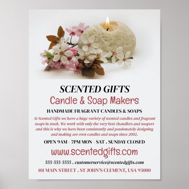 Werbung für Blumenkerzen, Kerzen und Seifen Poster (Vorne)
