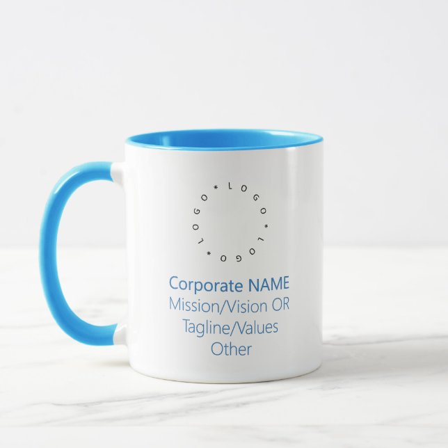 Werbung für hellblaue Combo in der Firmenrunde Tasse (Links)