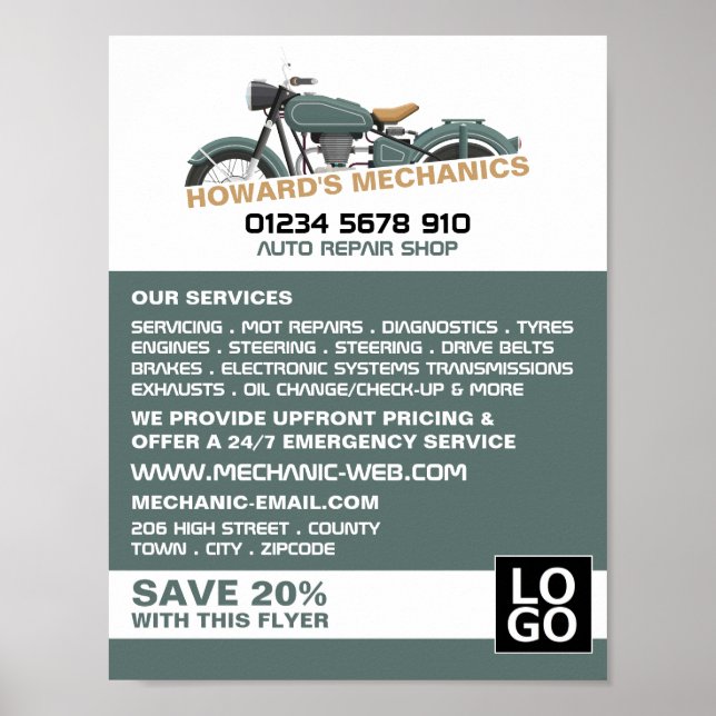 Werbung für klassische Motorräder, Auto-Mechanik u Poster (Vorne)