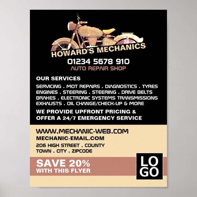 Werbung für klassische Motorräder, Auto-Mechanik u Poster (Vorne)