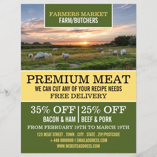 Werbung für Schafe in Feld, Bauer und Metzger Flyer (Vorne)