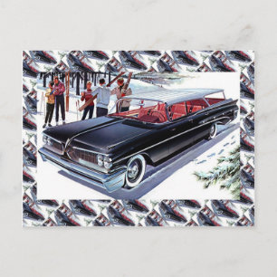 Werbung für Vintage-Autos, Skifahren mit dem Auto Postkarte