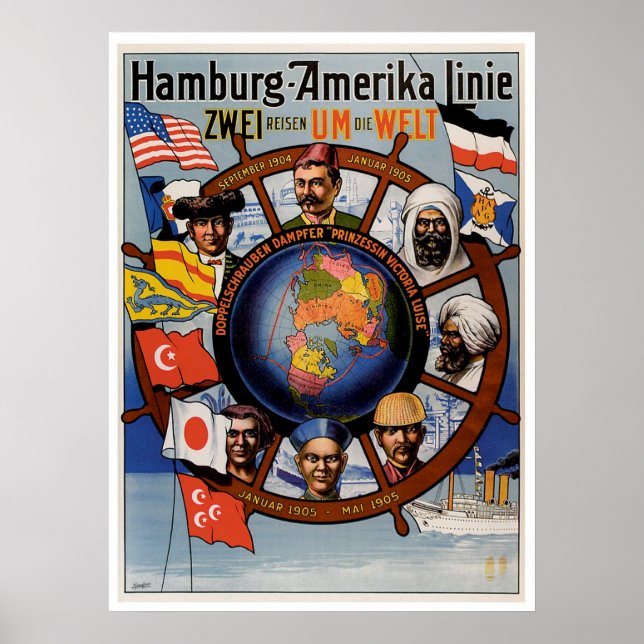 Werbung für Vintage Schiffe in Hamburg-Amerika Poster (Vorne)