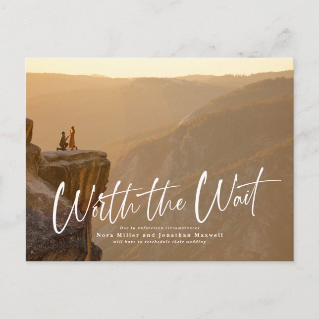 Werde die Wartezettel-Postkarte Ankündigungspostkarte (Vorderseite)