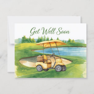 Werde schnell wieder gesund mit Golfwagen auf grün Postkarte