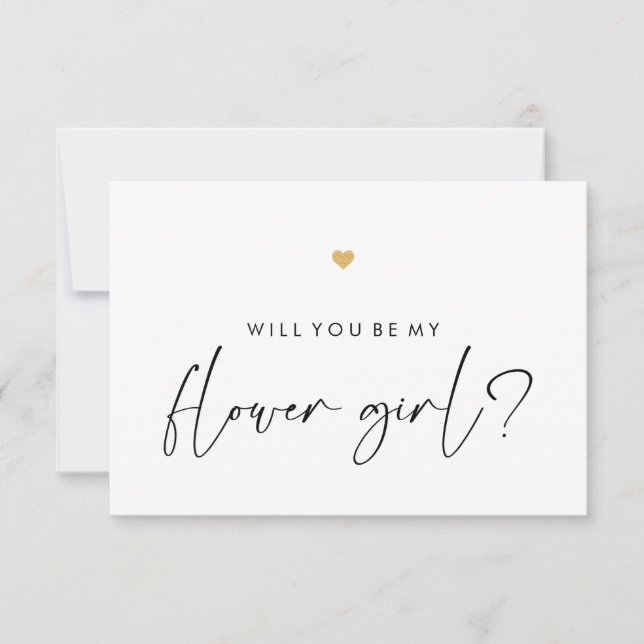 Werden Sie mein Blumen Girl Card Script Gold Herz Einladung (Vorderseite)