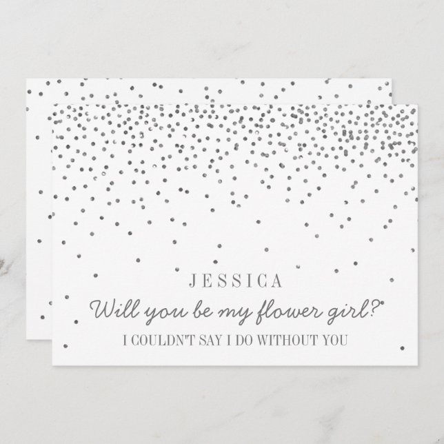 Werden Sie mein Blumenmädchen Vintager Silberfetti Einladung (Vorne/Hinten)