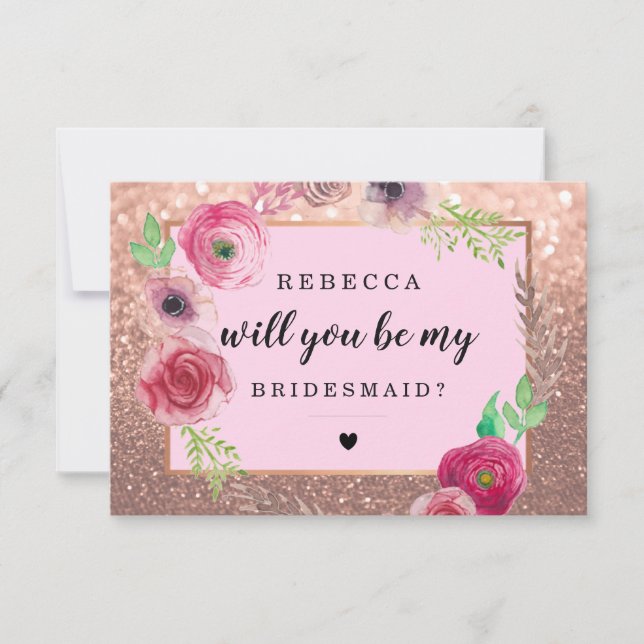 Werden Sie mein Bridesmaid-Blume-Glitzer RoseGold  Einladung (Vorderseite)