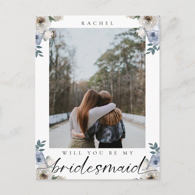Werden Sie mein Bridesmaid Dusty Blue Rose Foto se Postkarte (Vorderseite)
