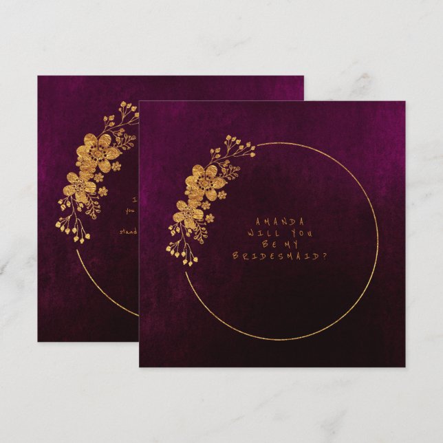 Werden Sie mein Bridesmaid Gold Burgunde Velvet se Einladung (Vorne/Hinten)