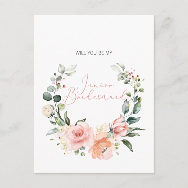 Werden Sie mein Jr. Bridesmaid Pink Script floral Einladungspostkarte (Vorderseite)
