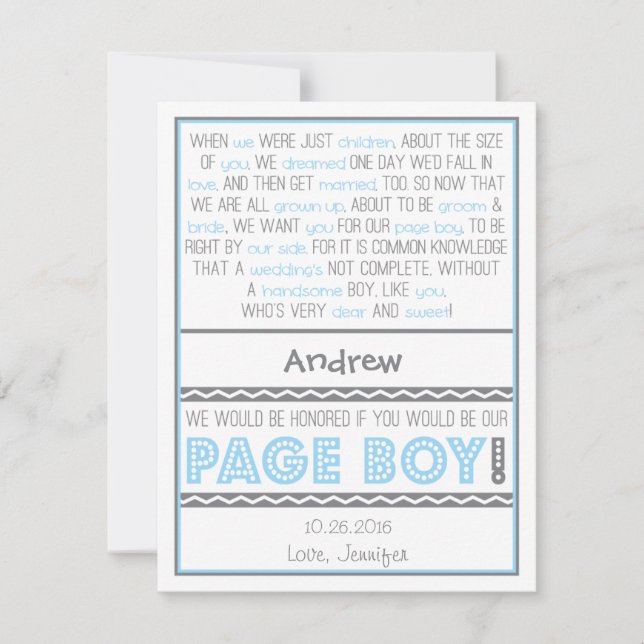 Werden Sie mein Page Boy sein? Baby Blue/Gray Poem Einladung (Vorderseite)