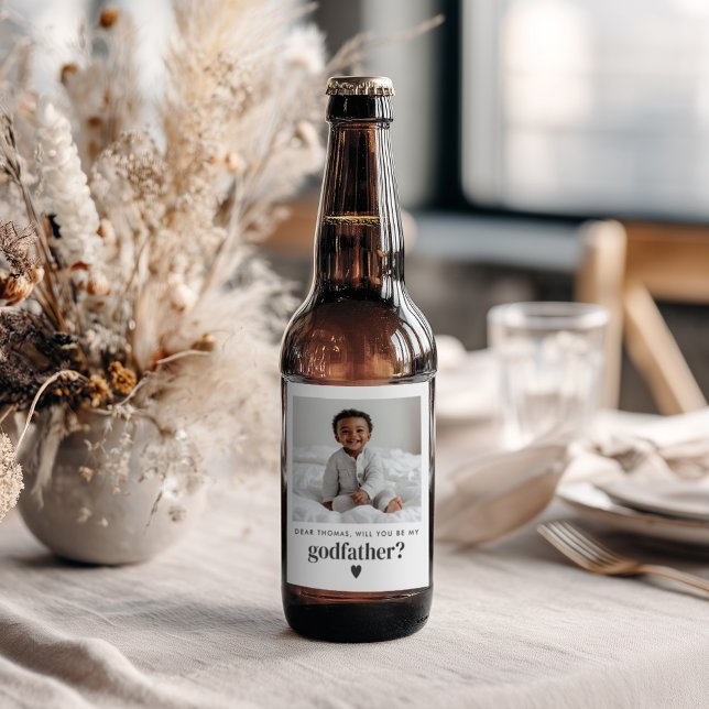 Werden Sie mein Pate-Foto sein? Bierflaschenetikett (Zazzle Will You Be My Godfather Photo Proposal Beer Bottle Label (Front))