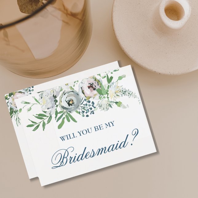 Werden Sie mein Vorschlag für eine Hübsche Blumenw Einladungspostkarte (BEAUTIFUL CLASSIC BOHO WATERCOLOR FLORAL WHITE ROSE WILL YOU BE MY BRIDESMAID? )