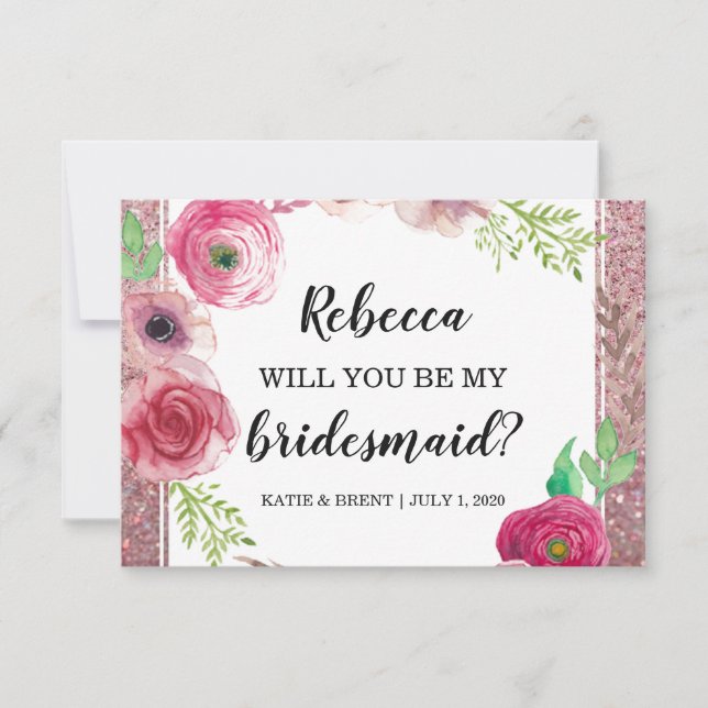 Werden Sie meine Blume-Bridesmaid-Glitzer Lila Einladung (Vorderseite)