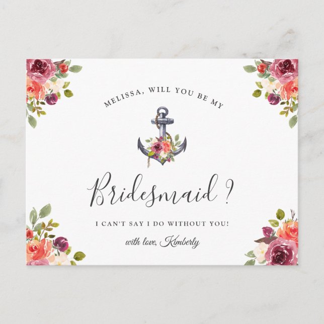 Werden Sie meine Bridesmaid-Ankerin für nautische  Einladungspostkarte (Vorderseite)