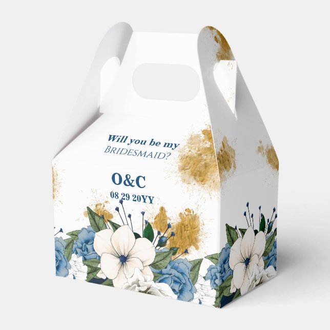 Werden Sie meine Bridesmaid Blue Floral Gold Dust  Geschenkschachtel (Vorderseite)