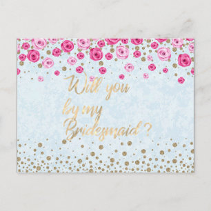 Werden Sie meine Bridesmaid Blue Pink Roses Confet Einladungspostkarte