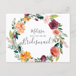 Werden Sie meine Bridesmaid Burgund-Blume sein? Einladungspostkarte