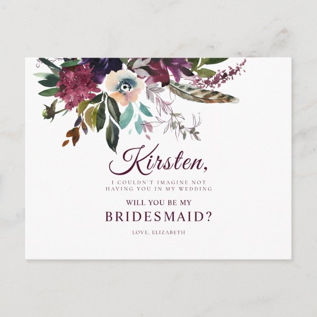 Werden Sie meine Bridesmaid Burgundy Floral sein? Postkarte (Vorderseite)