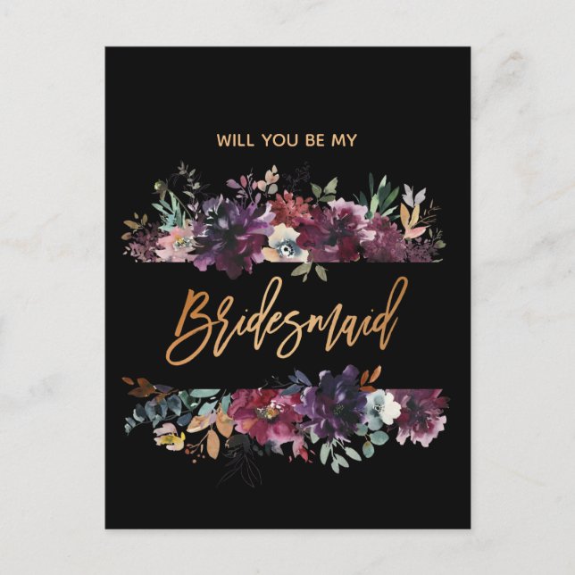 Werden Sie meine Bridesmaid Burgundy Marsala Flora Einladungspostkarte (Vorderseite)