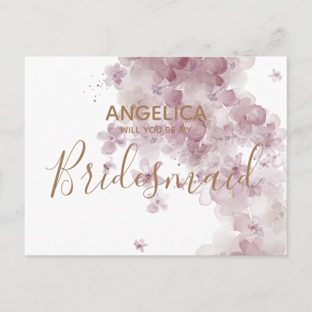 Werden Sie meine Bridesmaid Mauve Watercolor Flora Einladungspostkarte (Vorderseite)