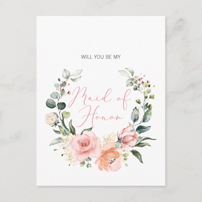 Werden Sie meine Bridesmaid MOH Pink Script floral Einladungspostkarte (Vorderseite)