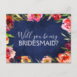 Werden Sie meine Bridesmaid Navy Blauer Flora Ankündigungspostkarte