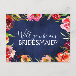 Werden Sie meine Bridesmaid Navy Blauer Flora Ankündigungspostkarte
