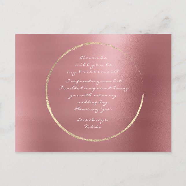 Werden Sie meine Bridesmaid Rose Gold Circle Red B Einladungspostkarte (Vorderseite)