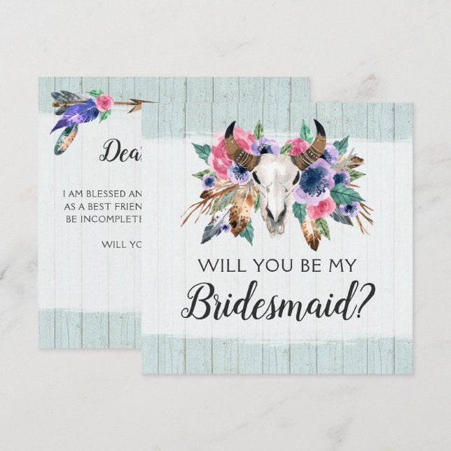 Werden Sie meine Bridesmaid-Rustikal-Blumen-Schäde Einladung (Vorne/Hinten)
