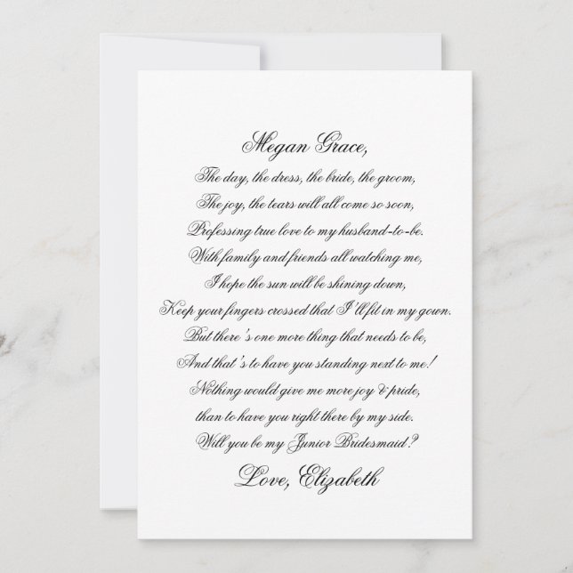 Werden Sie meine Junior Birdesmaid Script Poem Car (Vorderseite)