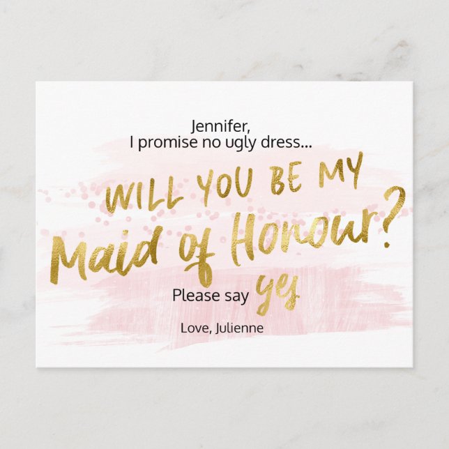 Werden Sie meine Trauzeugin Blush Watercolor sein? Einladungspostkarte (Vorderseite)