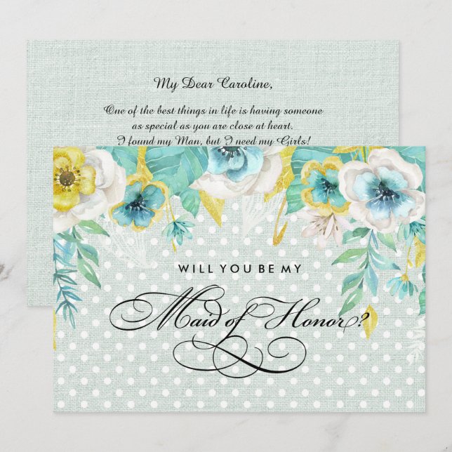 Werden Sie meine Trauzeugin sein? Mint Floral Burl Einladung (Vorne/Hinten)