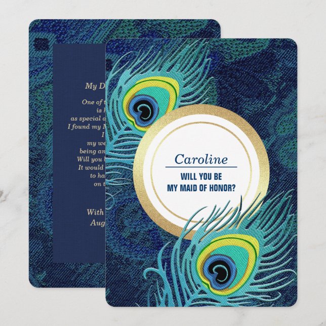 Werden Sie meine Trauzeugin sein? Peacock Feather Einladung (Vorne/Hinten)