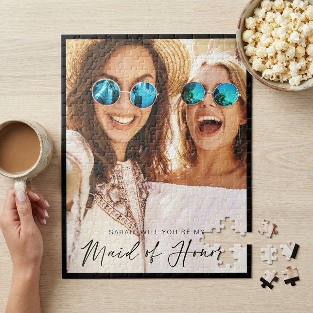 Werden Sie meine Trauzeugin sein? Trendy Script-Fo Puzzle (Will You Be My Maid of Honor? Proposal Photo Jigsaw Puzzle)