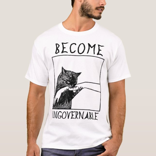 Werden Sie unregierbare schwarze Katze-Biting-Hand T-Shirt (Vorderseite)