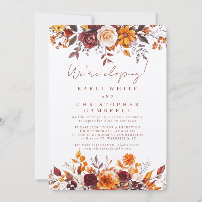 We're Eloping Colorful Fall Floral Reception Einladung (Vorderseite)