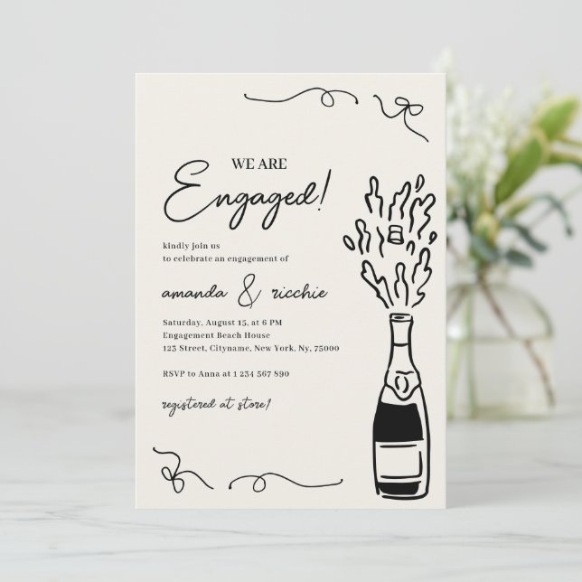 Were Engaged Hand Drawn Champagne Engagement Party Einladung (Stehend Vorderseite)