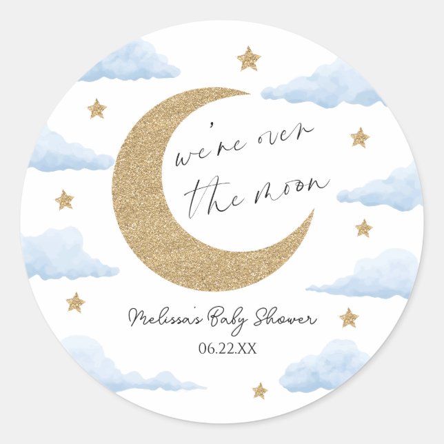 We're Over The Moon Blue Celestial Baby Shower Runder Aufkleber (Vorderseite)