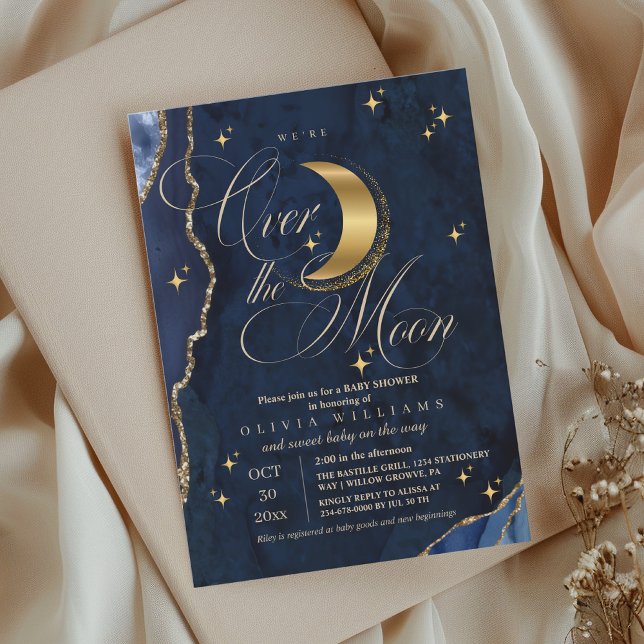 We're Over the Moon Gold Stars Blue Baby Shower  Einladung (Von Creator hochgeladen)