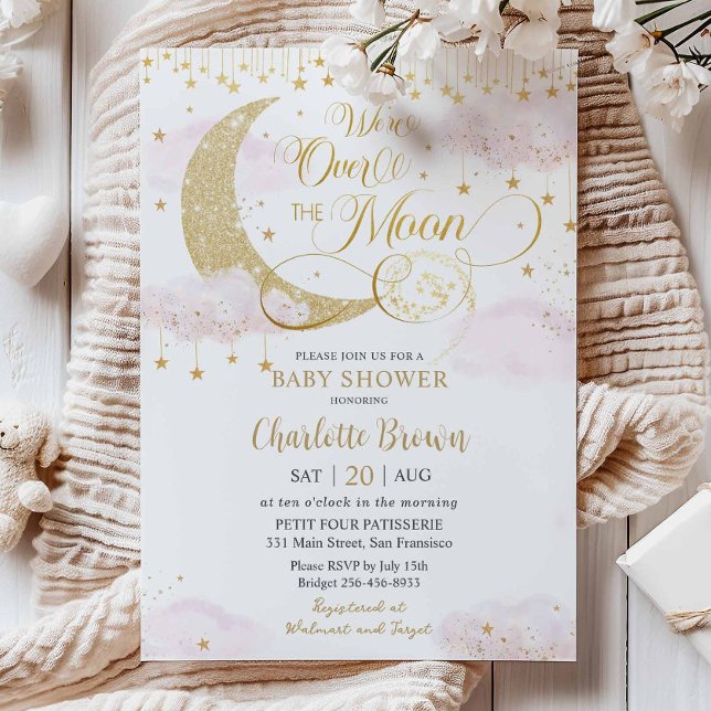 We're Over the Moon Stars Pink Gold Baby Shower Einladung (Von Creator hochgeladen)
